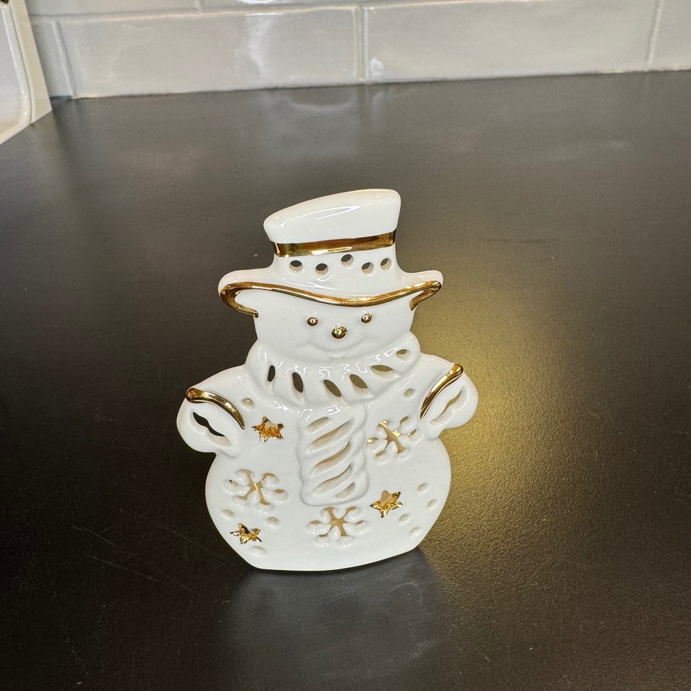 Lenox Snowman Votive Candle Holder Ivory Gold 24k Trim Holiday Decor 4.75in
